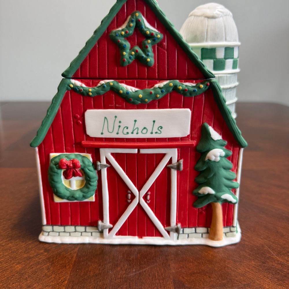 Rustic Ceramic Holiday Barn Lidded Jar Winter‎ Farmhouse Christmas Decor Nichols